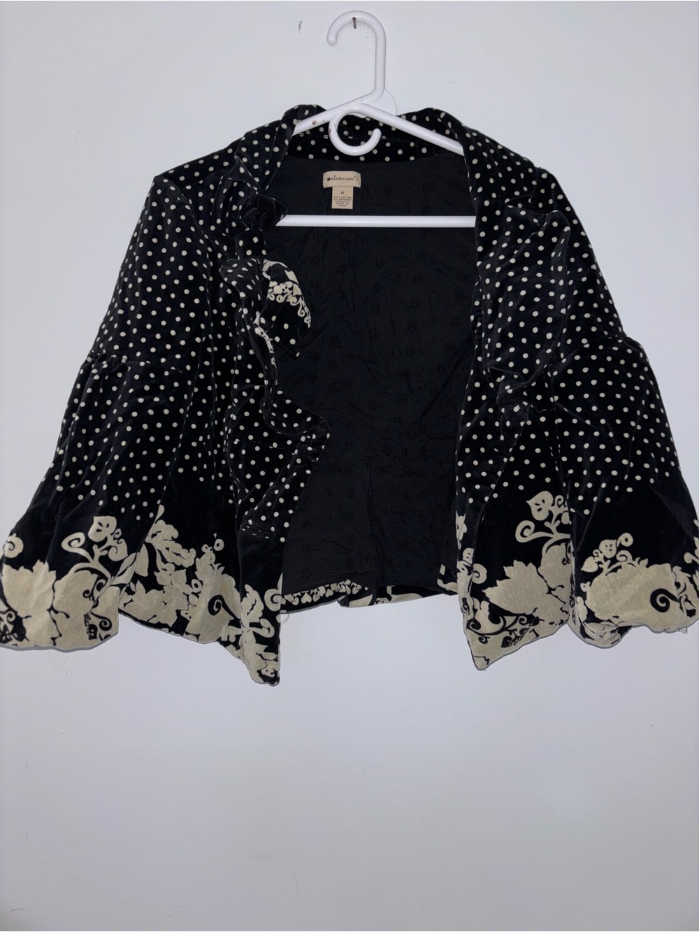 Anthropologie Elevenses Black Velvet Polka Dot Floral Border Cropped Jacket 6